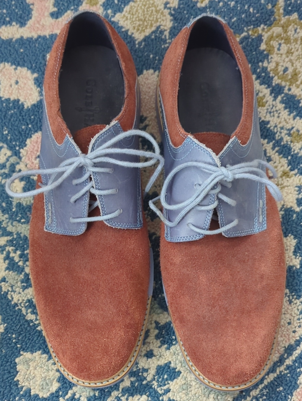 Cole Haan Two-Tone Suede & Leather Lace-Up Oxfords — Rust & Light Blue